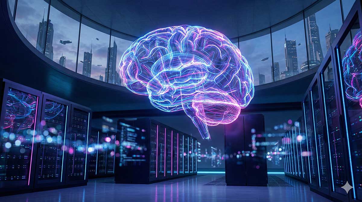 A futuristic conceptual illustration of Artificial Intelligence, showing a glowing digital brain composed of vibrant blue, purple, and orange neural networks and data streams.